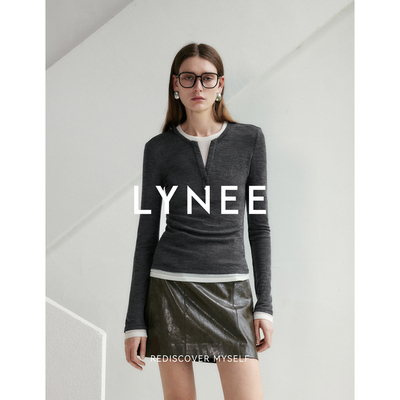 LYNEE【初觅】经典设计撞色假两件亨利领T恤 秋冬百搭上衣