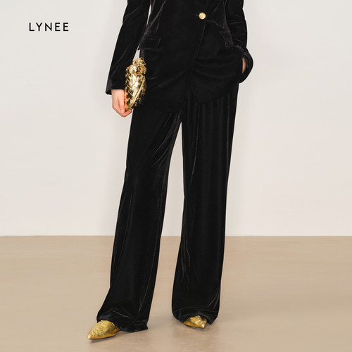 LYNEE 黑色丝绒阔腿裤新款女气质百搭休闲长裤舒适松紧腰裤子
