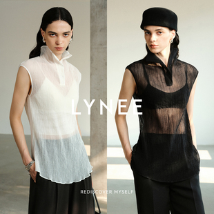 LYNEE【褶裥】透透纱无袖立领打底衬衫女内搭叠穿白衬衣2026新款