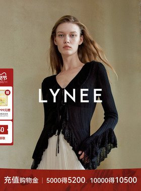 LYNEE 设计感蕾丝荷叶边V领收腰针织开衫女早春新款优雅时尚上衣