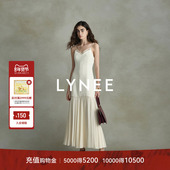 LYNEE法式 明星同款 蕾丝吊带裙V领拼接白色连衣裙女新款