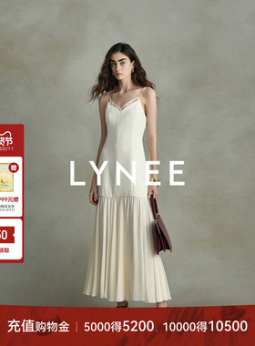 【明星同款】LYNEE法式蕾丝吊带裙V领拼接白色连衣裙女新款