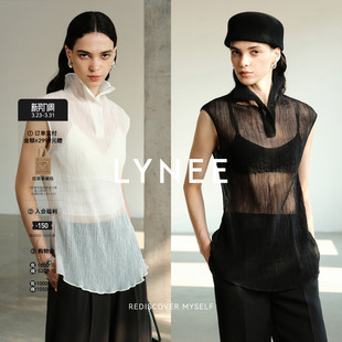 女内搭叠穿白衬衣2026新款 LYNEE 立领打底衬衫 透透纱无袖 褶裥