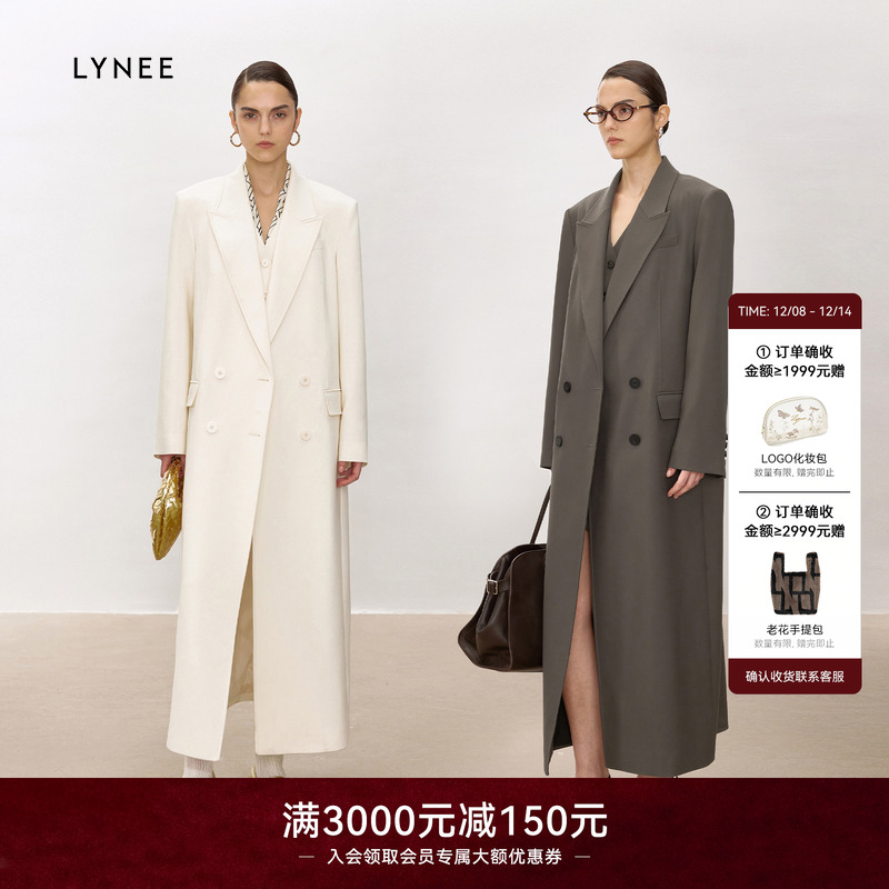 LYNEE 美利奴羊毛创驳领宽肩风衣式直身大衣女气质长款外套