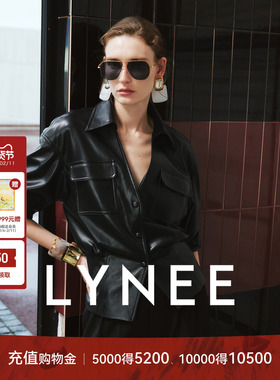 LYNEE【金标 D奥小姐】黑色V领真皮皮衣/PU皮衣系带收腰羊皮夹克