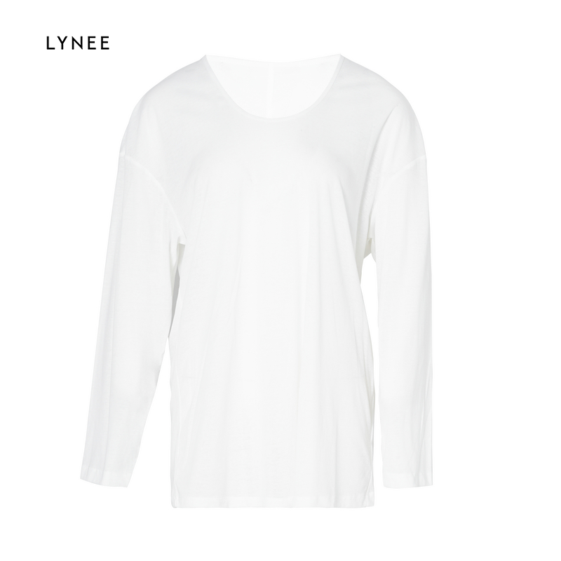 LYNEE 纯棉U领简约时尚落肩宽松通透薄款长袖T恤女休闲上衣百搭