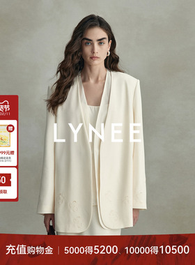 【明星同款】LYNEE 白色醋酸立体花简约无领宽松西装外套女新款