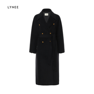 LYNEE 毛呢外套 绵羊毛翻领系带单面呢复古气质大衣女2025年秋长款