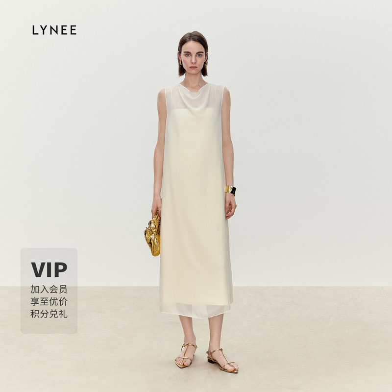 LYNEE 清透雪纺荡领内搭吊带肌理感真两件连衣裙套装女图片