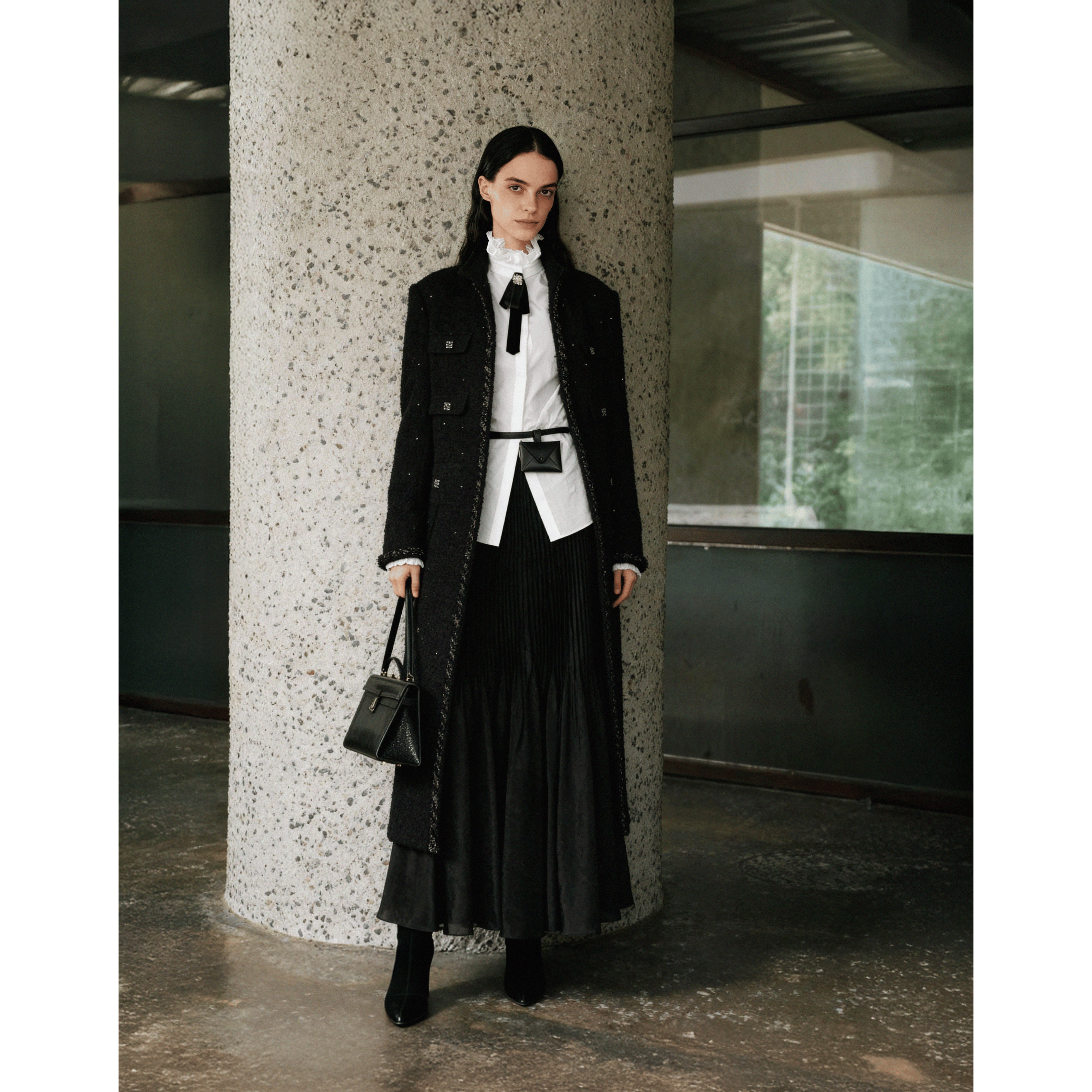 LYNEE x TORIL【摩登都市】黑标 羊驼毛羊毛混纺立领贴袋香风大衣