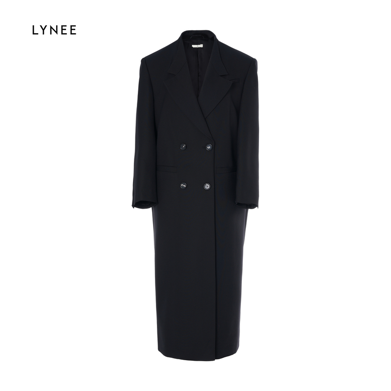 LYNEE 100精纺绵羊毛宽肩大版气质黑色长大衣女松弛感毛呢外套