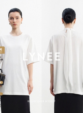 LYNEE【无名】白色棉拼接可拆卸桑蚕丝丝巾飘带时装宽松短袖T恤女