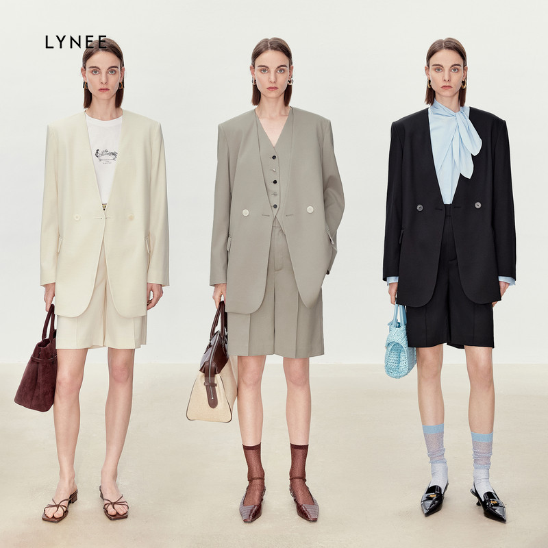 LYNEE 无领双排扣西装后片拼色丁马甲前中立骨短裤通勤时尚套装女图片