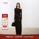 LYNEE 简约一字肩收腰弹力针织连衣裙女黑色优雅法式 小黑裙