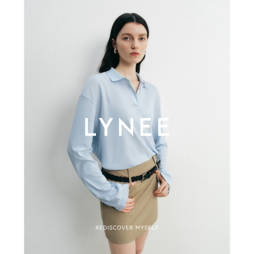 LYNEE【晴空浅夏】Miu系POLO领蓝色T恤女 百搭通勤基础款长袖上衣