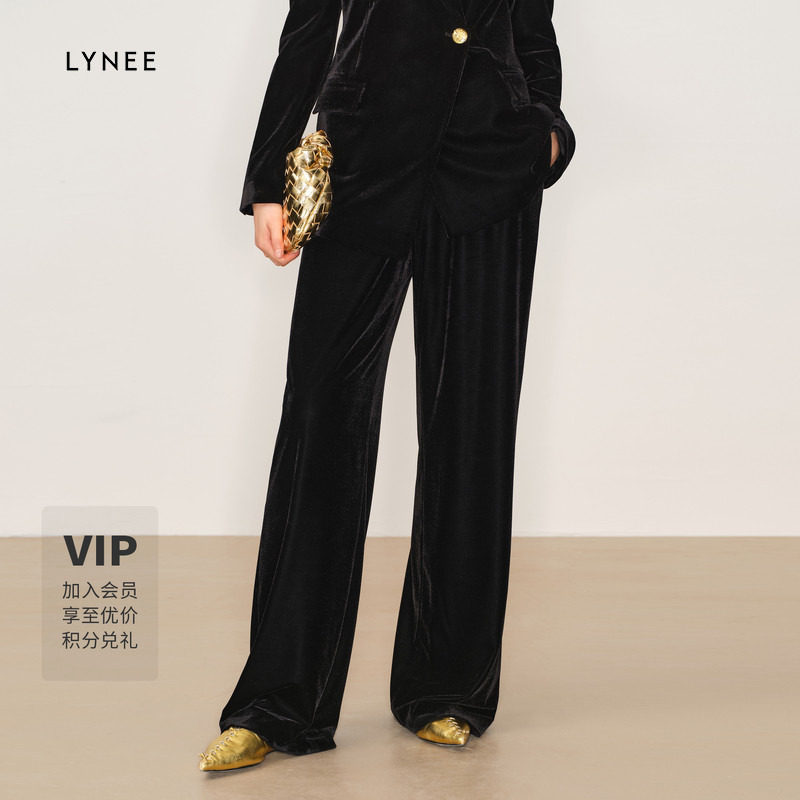 LYNEE 黑色丝绒阔腿裤新款女气质百搭休闲长裤舒适松紧腰裤子图片