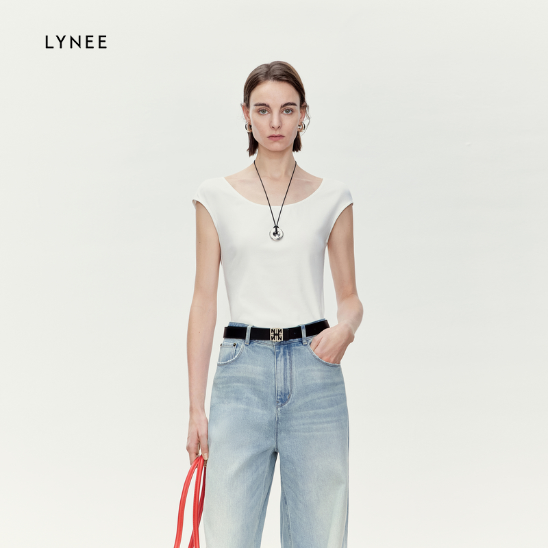 LYNEE 芭蕾领简约修身纯色内搭T恤短袖女休闲百搭外穿上衣