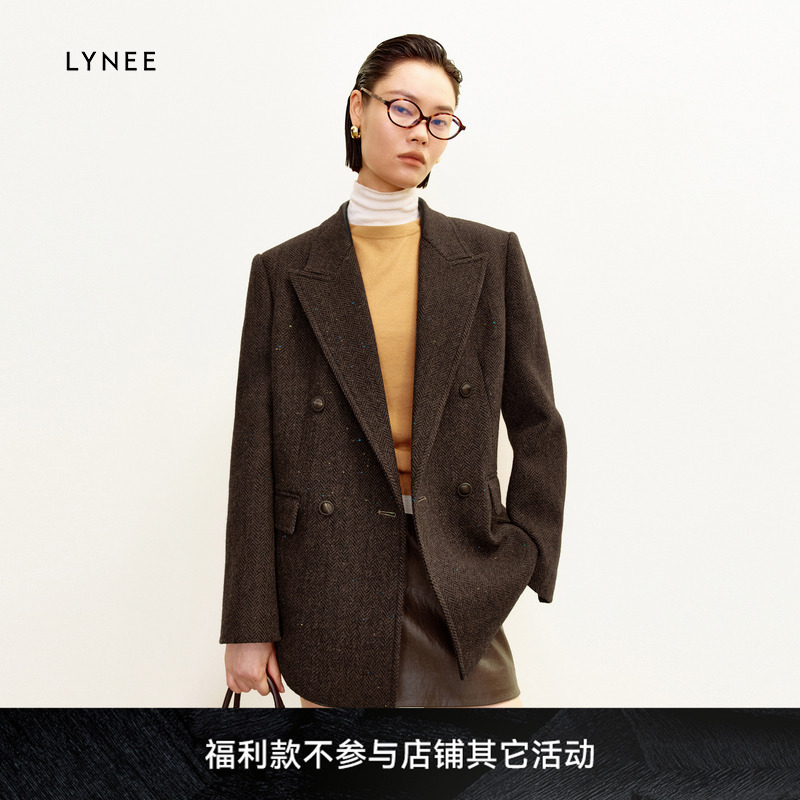 LYNEE 复古人字纹粗花呢双排扣羊毛西装外套女秋冬新款