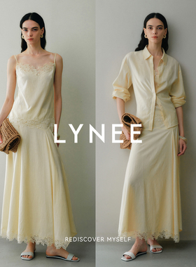 LYNEE【慢调生活】黄色衬衫半身裙三件套/蕾丝吊带/蕾丝半裙白色
