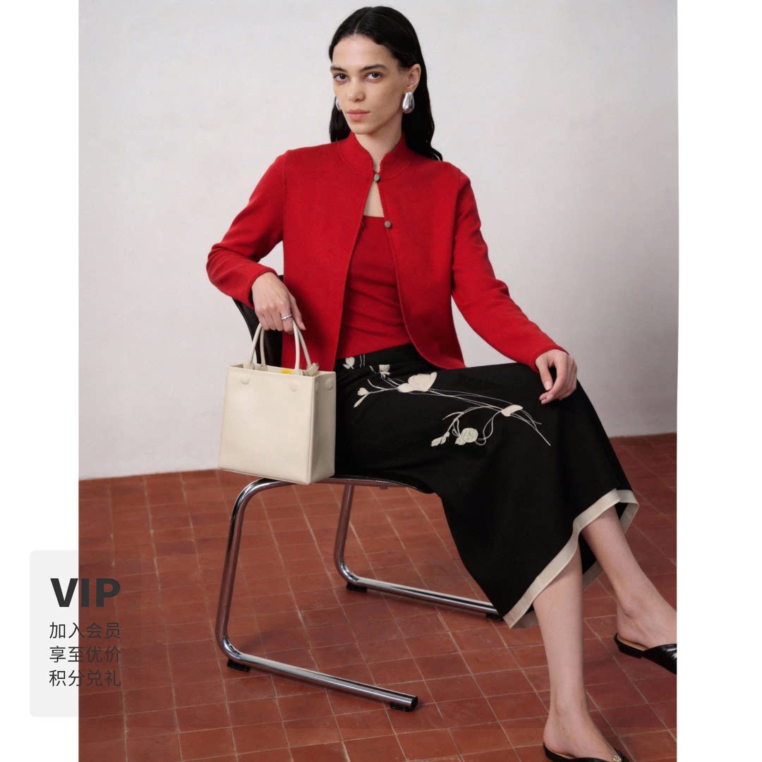 LYNEE【福开森路】新中式绣花直筒半裙女新款百搭显瘦黑色半身裙