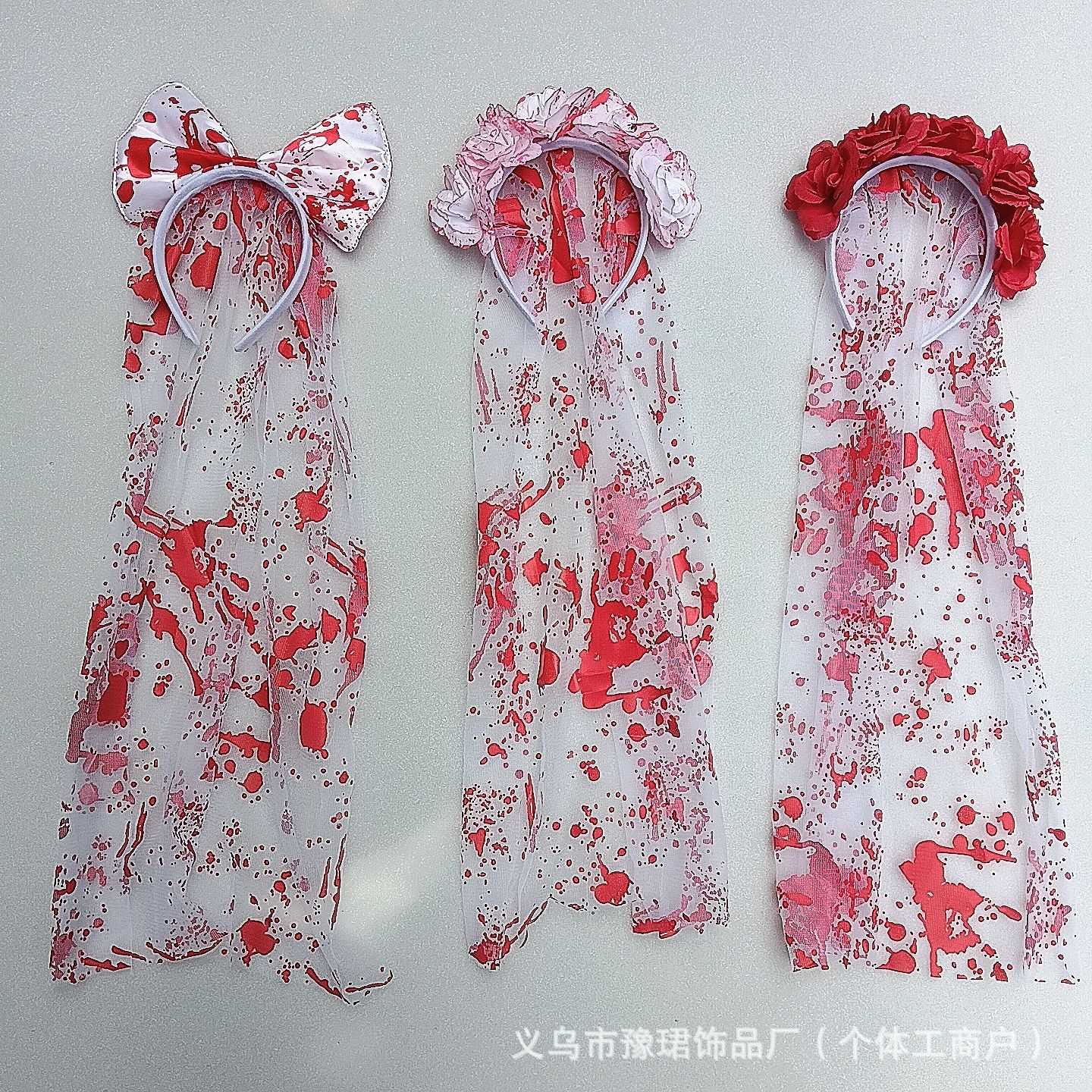 万圣节血色玫瑰头箍网纱蝴蝶结发箍节日装扮头饰头箍血色新娘配饰