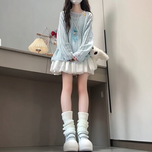 蓝色镂空防晒罩衫上衣短裙子套装