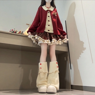 跨年穿搭红色格纹短裙子套装女秋冬装2026新款甜美假两件毛衣上衣