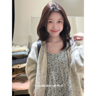 甜美慵懒风碎花吊带背心针织开衫外套上衣两件套装女显瘦秋季穿搭