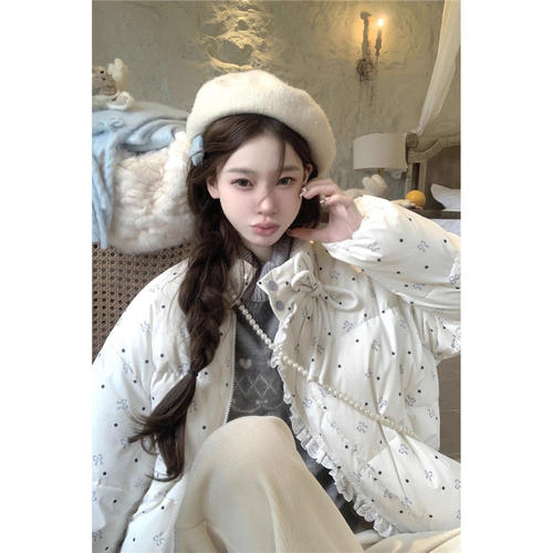满印波点蝴蝶结羽绒棉服女