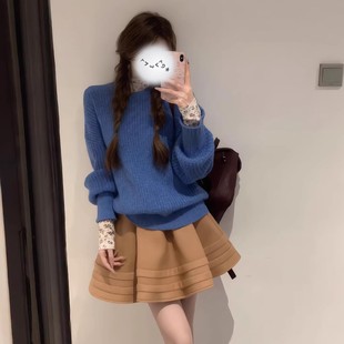 韩系多巴胺穿搭蓝色针织毛衣套装女连衣裙冬季三件套短裙子一整套