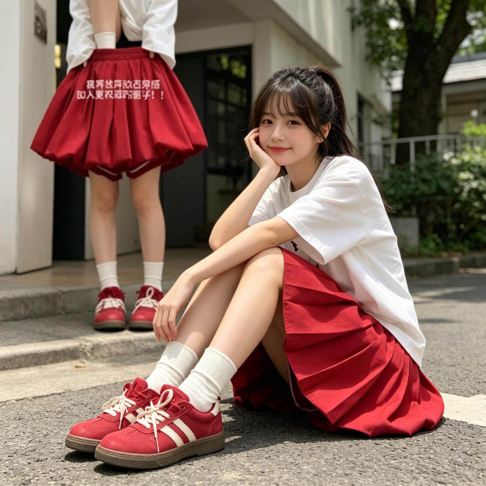 红色蓬蓬花苞裙裤女夏季