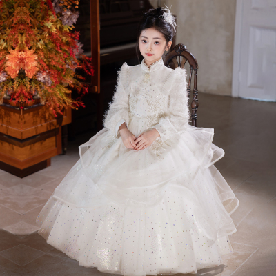 公主风白色长袖连衣裙女童蓬蓬纱