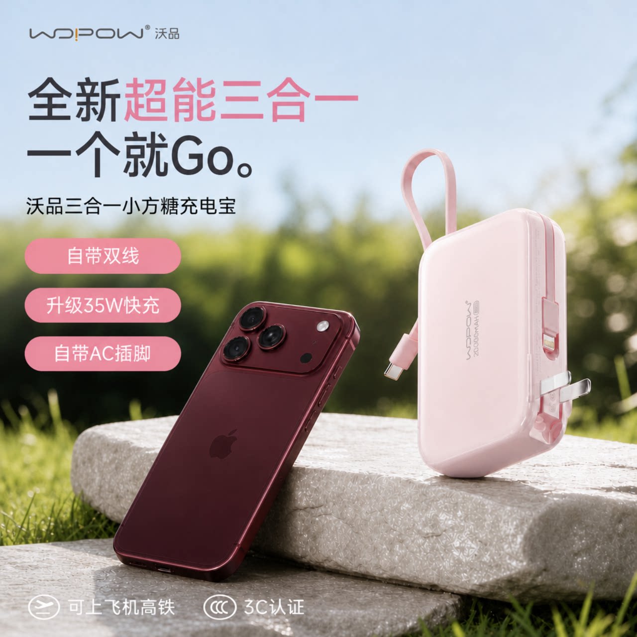 【可充笔记本】WOPOW沃品小方糖三合一充电宝3C认证可上飞机自带线插头20000毫安快充大容量小巧便携移动电源