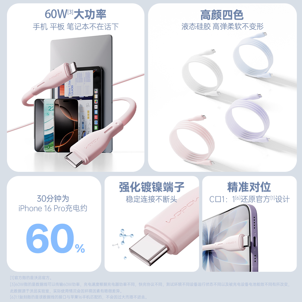 WOPOW沃品新款60W快充数据线超级闪充闪传1米2米充电线原装硅胶防裂小米华为苹果安卓荣耀通用iphone151617M