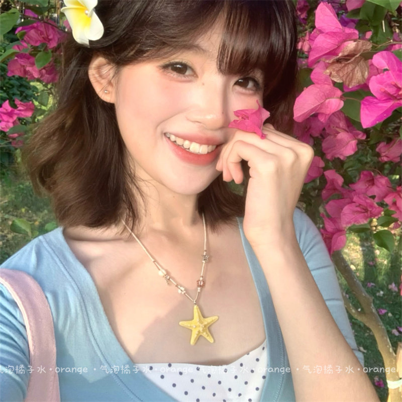 海岛度假风黄色海星项链夏日海边沙滩拍照锁骨链甜美长款吊坠颈链