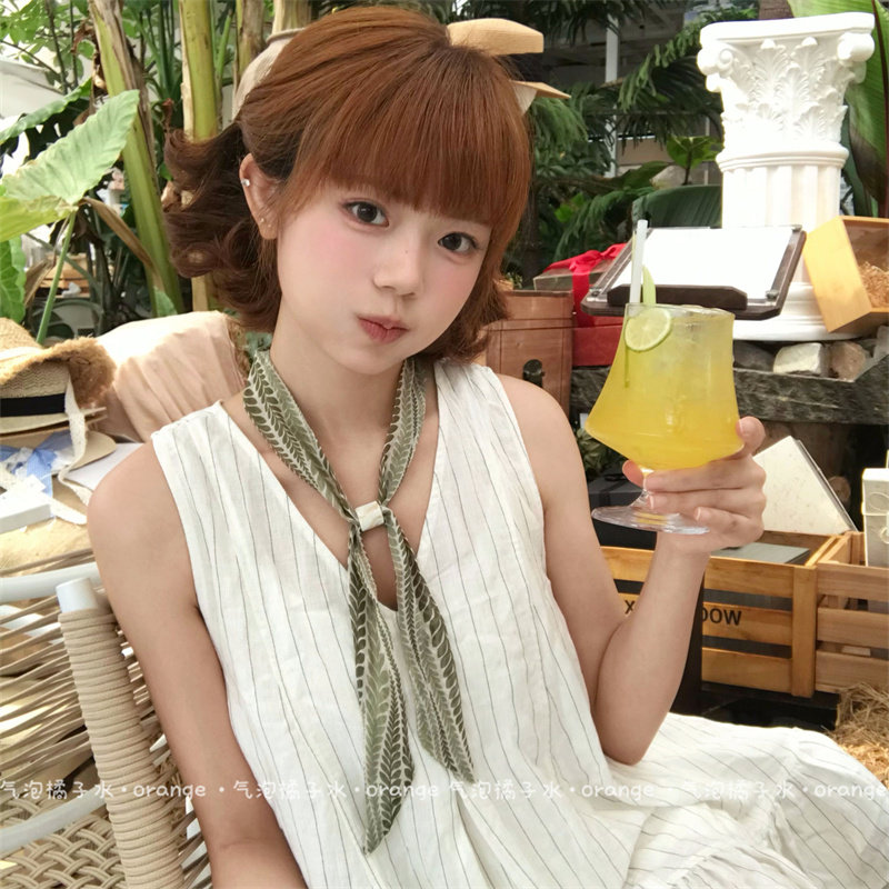森系复古文艺感绿色树叶丝巾新中式系脖飘带薄款田园风可调节领巾