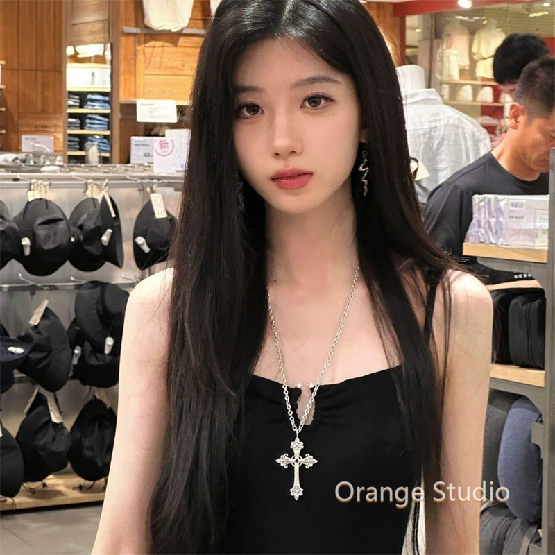 韩国小众设计bm同款银色十字架项链复古辣妹长款颈链复古朋克颈饰