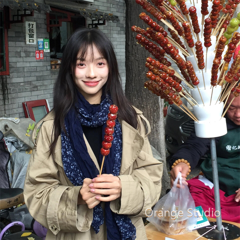 韩系复古文艺蓝色碎花围巾