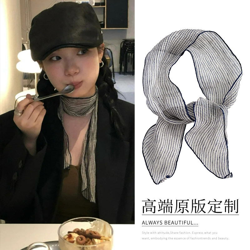 复古文艺条纹亚麻小丝巾图片