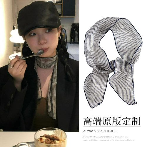 复古文艺条纹亚麻小丝巾