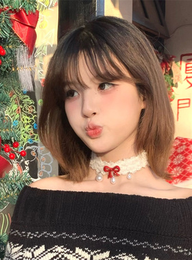 复古红色蝴蝶结毛绒choker项圈