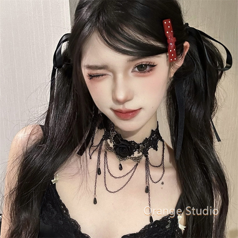 复古暗黑玫瑰蕾丝流苏项链甜酷辣妹水晶choker锁骨链哥特风颈链女