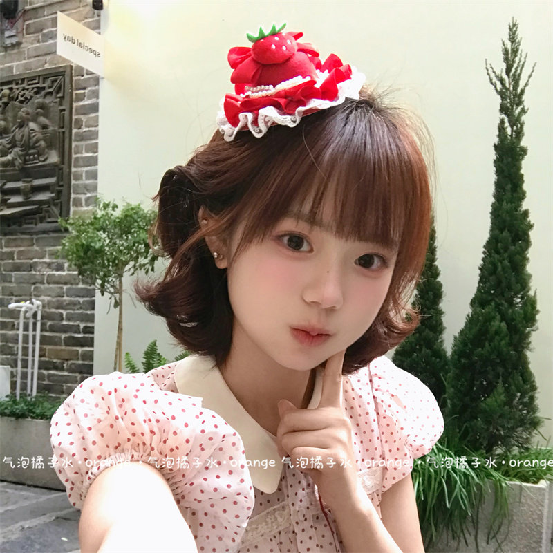日系可爱红草莓蛋糕小礼帽少女感蕾丝花边发夹lolita生日拍照发卡图片
