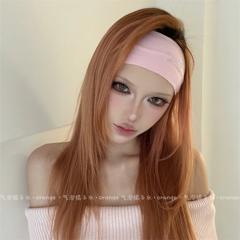 甜酷粉色蝴蝶结水钻发带女春夏美式运动弹力束发带音乐节头带配饰