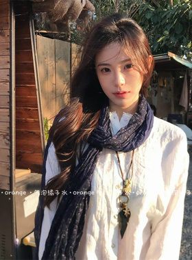 森系文艺复古藏蓝色碎花围巾