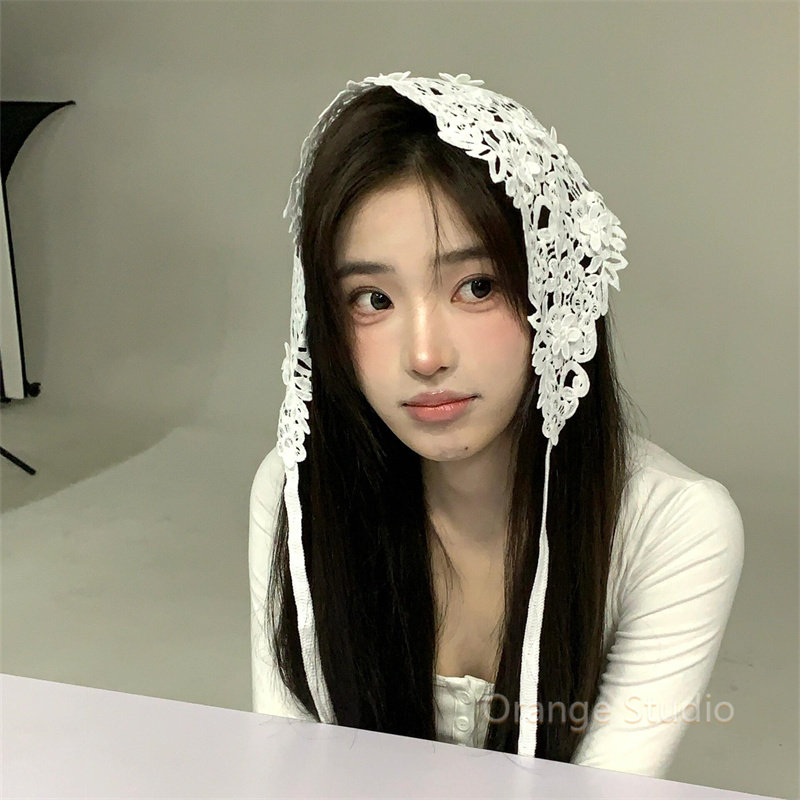 春夏白色镂空花朵三角巾森系少女感碎花蕾丝头巾文艺田园薄款发带