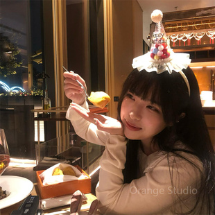 可爱多巴胺蕾丝花边生日帽发箍女甜美氛围感派对拍照头箍发饰头饰