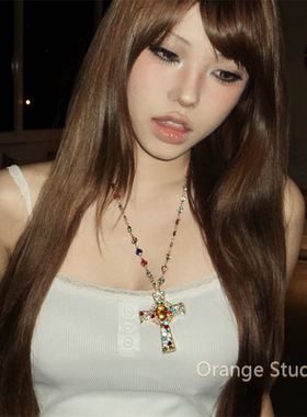 vintage古着感锆石十字架项链