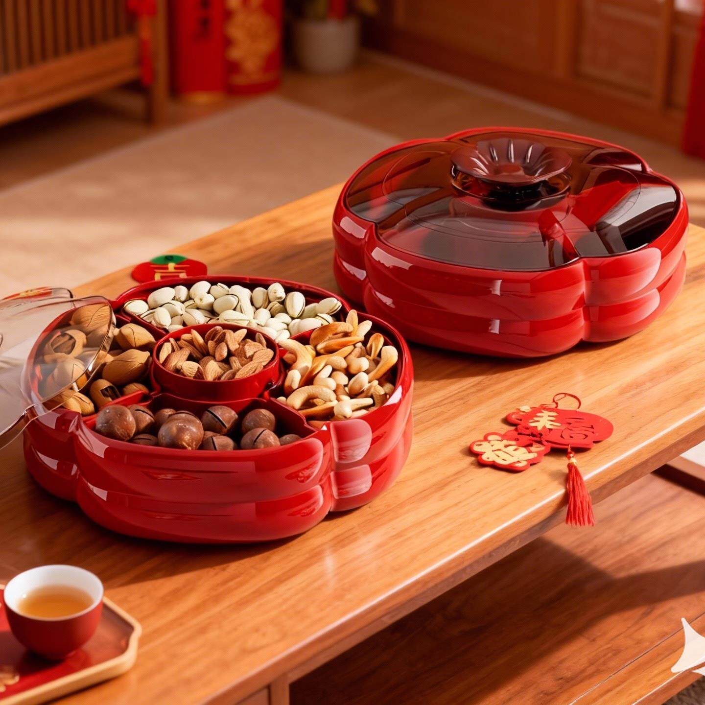 【香港澳门包邮】新年红色干果盘高颜值客厅茶几家用新款零食糖果