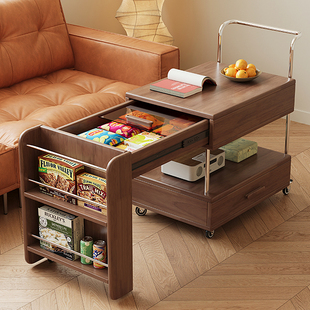 中古风实木可移动茶几茶桌小户型客厅边柜家用可伸缩推车沙发边几